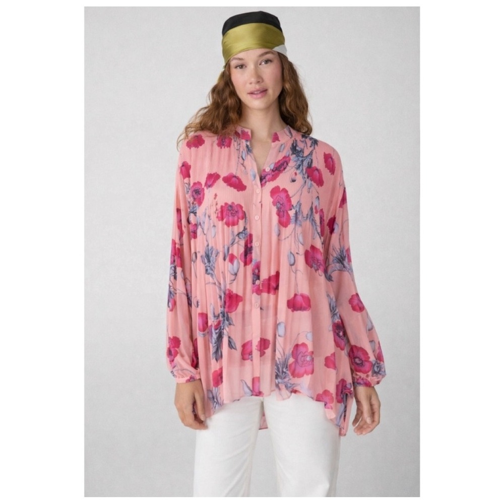 Diane von Furstenberg DVF Pink Poppy Floral Pleated Balloon Sleeve Blouse Small